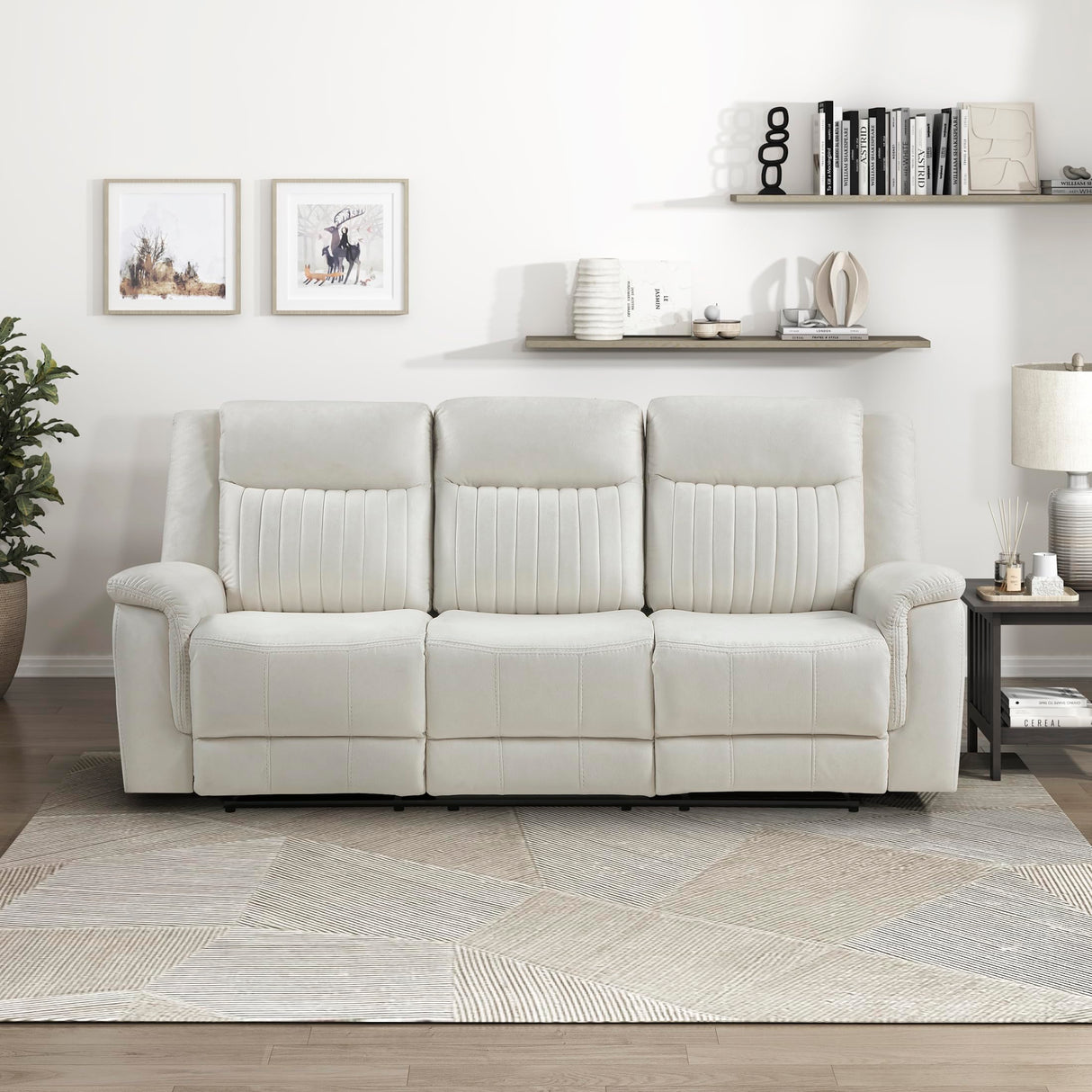 Lexicon Manual Double Reclining Sofa, Polished Microfiber Upholstered 3 Seater Manual Sofa Recliner for Living Room, Wall Hugger, Easy Assembly, Beige Lexicon