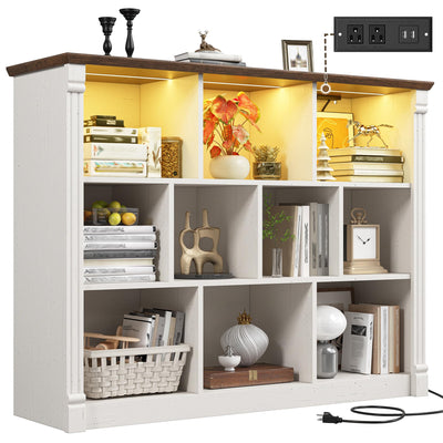 EnHomee 10 Cube Storage Organizer with LED Light and Charging Station Wood Cube Shelf White Bookshelf for Bedroom Living Room,Office,White