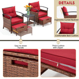 AVAWING 5 Pieces Patio Furniture Set, Outdoor Rattan Chairs with Metal Coffee Table, Ottomans & Soft Cushions, Wicker Conversation Bistro Set for Garden, Porch, Deck, Balcony (Red) AVAWING