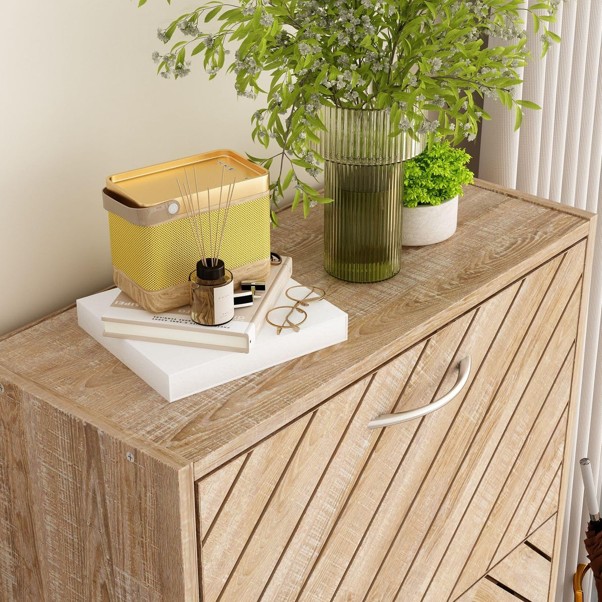 MOUMON Shoe Cabinet with 3 Flip Drawers, Slanted Design, Shoe Storage Organizer for Hallway Light Brown (22.4”W x 9.4”D x 42.3”H) MOUMON