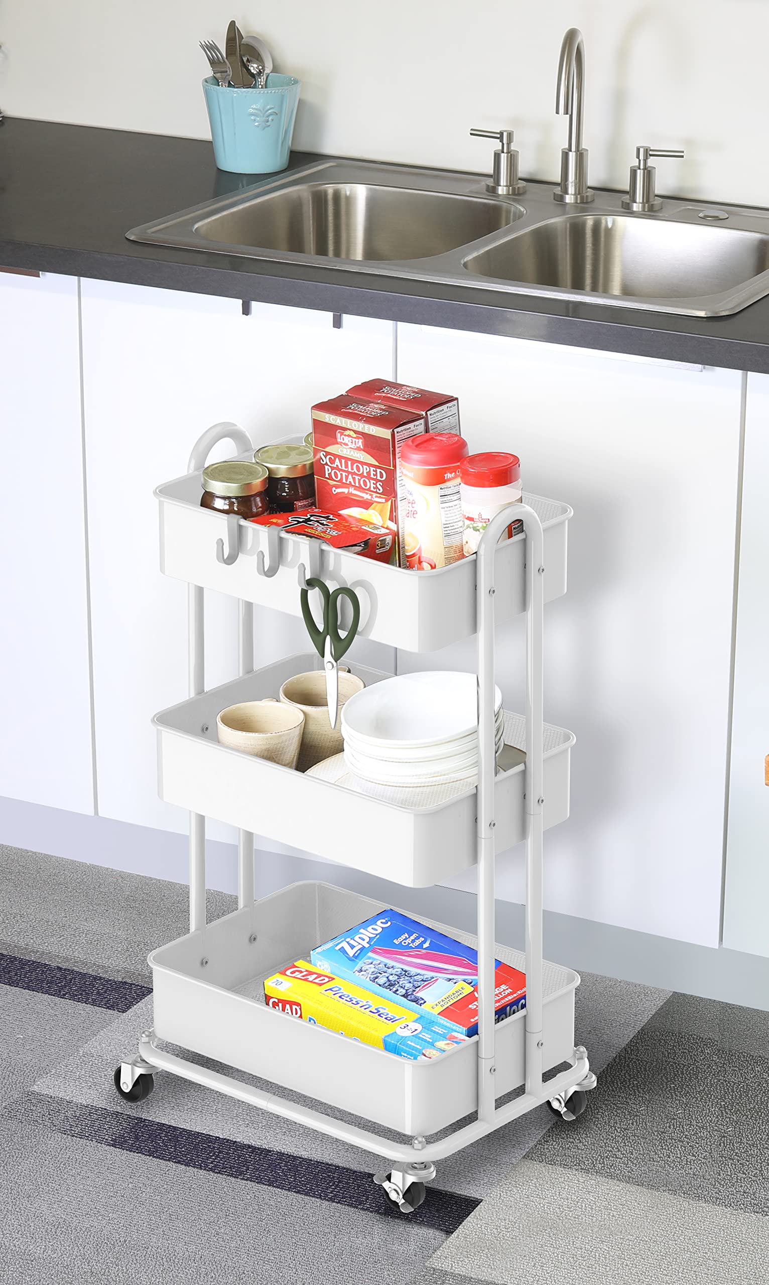 Simple Houseware Heavy Duty 3-Tier Metal Utility Rolling Cart, White - WoodArtSupply