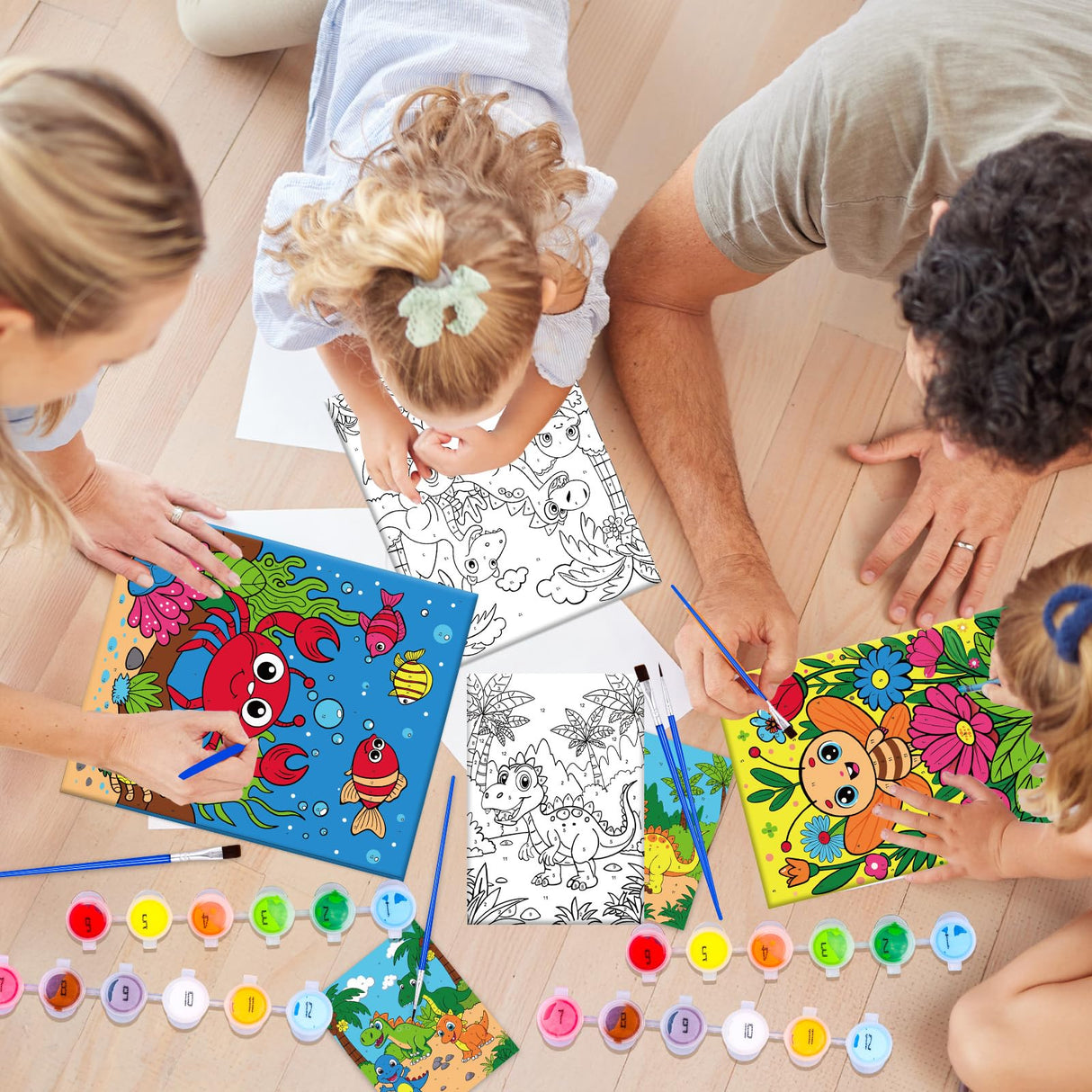 4 Pack Paint by Numbers for Kids Ages 6-8 8-12, Pre-Drawn Canvas Painting Kit with 12 Acrylic Paints & 8 Brushes, DIY Canvas Art Kits for Kids Painting Activities, Classroom Crafts, Wall Decor MGparty