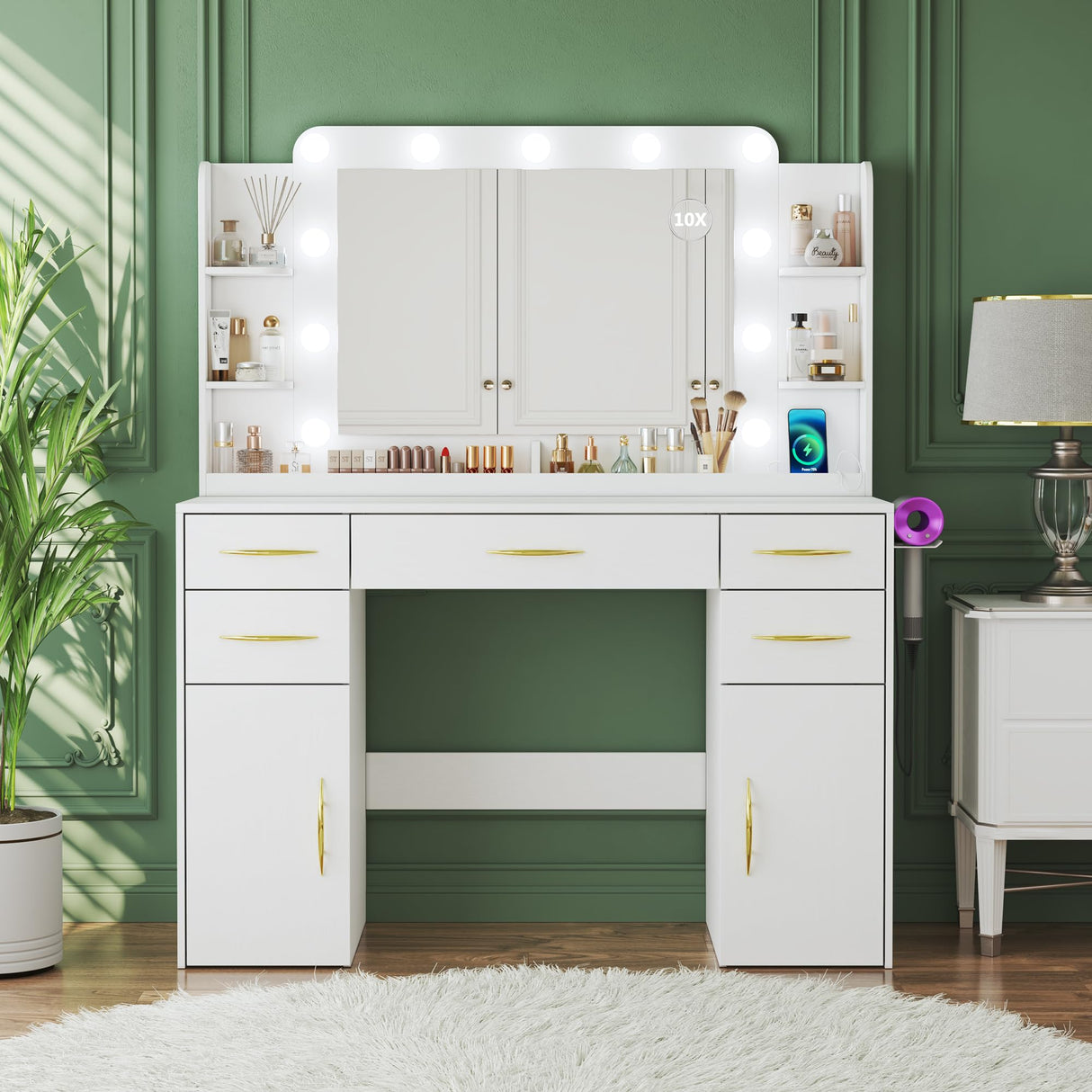 ALEXNUTRE Make up Vanity Desk with Mirror and Lights, Vanity with Lights 3 Models Settings, Vanity with Power Outlet, Vanity Desk with 5 Drawers, 2 Cabinets, Shelves, Makeup Vanity for Bedroom, White ALEXNUTRE