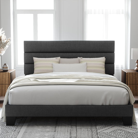 Allewie Dark Grey King Size Platform Bed Frame with Upholstered Headboard and Wooden Slats - WoodArtSupply