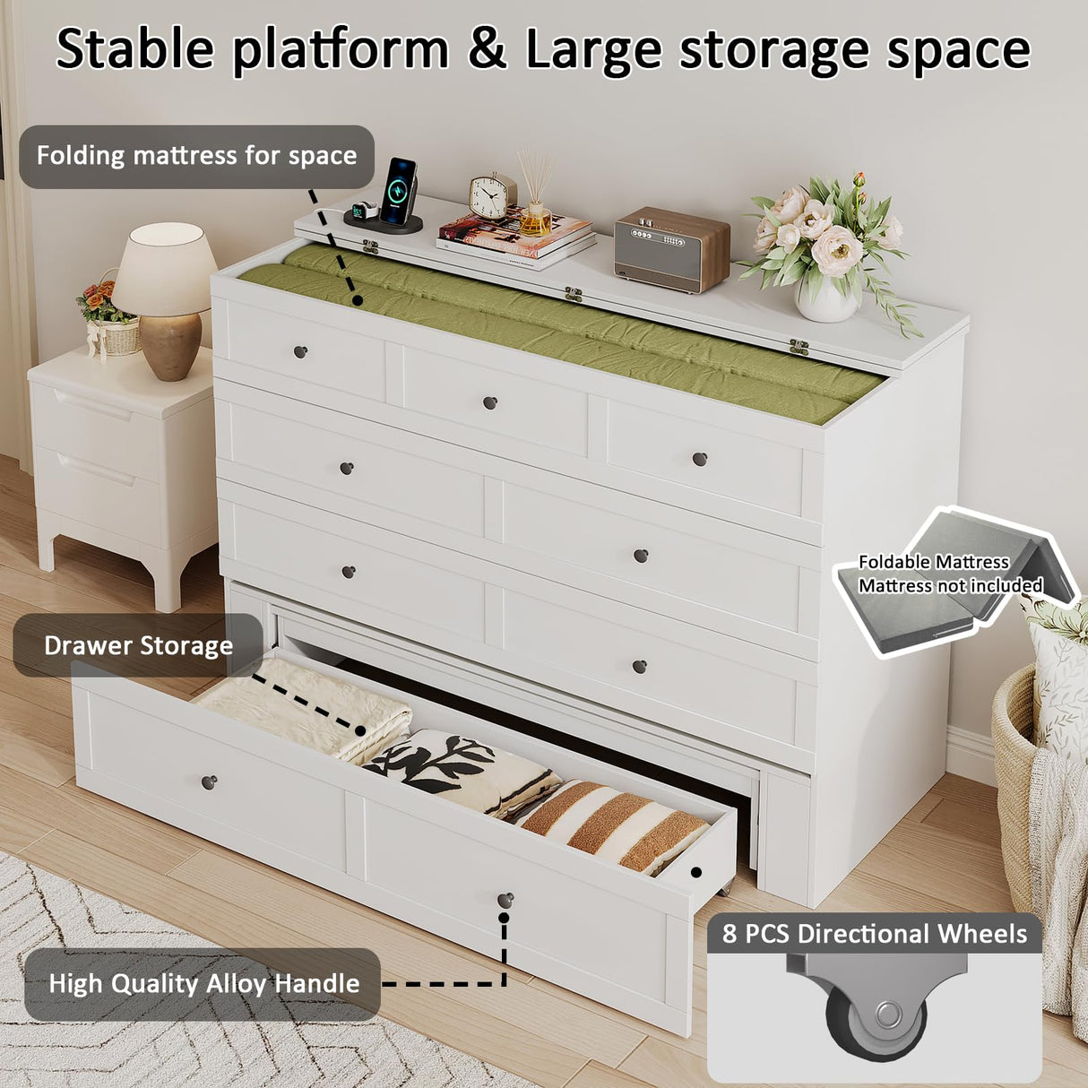 LIVAUVEAD Full Size Murphy Bed with Charging Station & Drawer, Full Size Mobile Cabinet Bed Frame, Murphy Chest Bed for Bedroom, Guest Room LIVAUVEAD