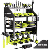 YFFSRJDJ Power Tool Organizer Wall Mount with Charging Station – King of the Garage, 4 Drill Holders, Heavy Duty Cordless Tool Rack with 4-Outlet Power Strip, Gifts for Him, Birthday Gifts for Men YFFSRJDJ
