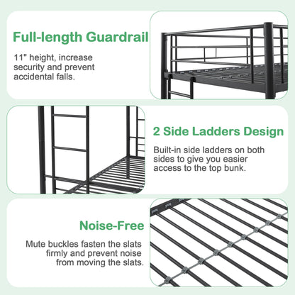 VECELO Metal Bunk Bed Twin Over Twin, Industrial Bunkbeds with Ladder and Full-Length Guardrail, Noise Free, No Boxing Spring Needed, Black