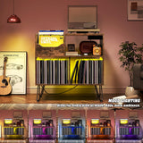 TC-HOMENY Record Player Stand with Vibration-Isolated Turntable Design, Vinyl Record Storage Table with Charging Station, Mid-Century Modern Turntable Stand TC-HOMENY