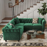 ONBRILL Chesterfield L Shaped Sofa, Velvet Sectional Couches for Living Room, Tufted Corner Couch with Rolled Arms, 3 Throw Pillows, Comfy L Shaped Sectional Sofa for Apartment, Green ONBRILL