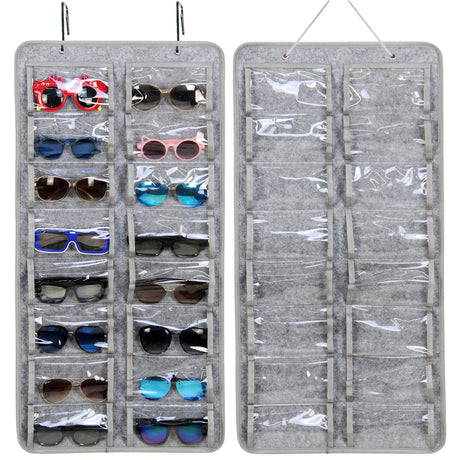 Casaphoria Sunglasses Organizer Storage, Hanging Dust Proof Wall Pocket Glasses Organizer - 16 Felt Slots Sunglass Organizer Holder with Metal Hook and Sturdy Rope, X-Large, Gray, Dust Proof Casaphoria