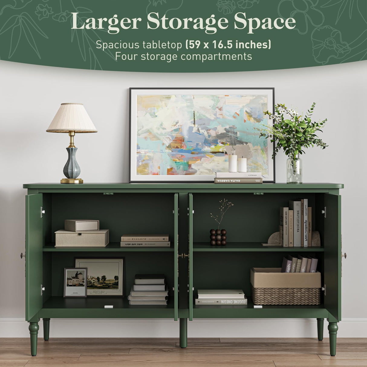 FansaFurn Console Cabinet, 58'' Mid Century Modern Pantry Cabinet, Wood Buffet Cabinet, Media Cabinet with 4 Doors, Accent Cabinet for Entryway, Living Room, Bedroom, Dining Room (Green) FansaFurn