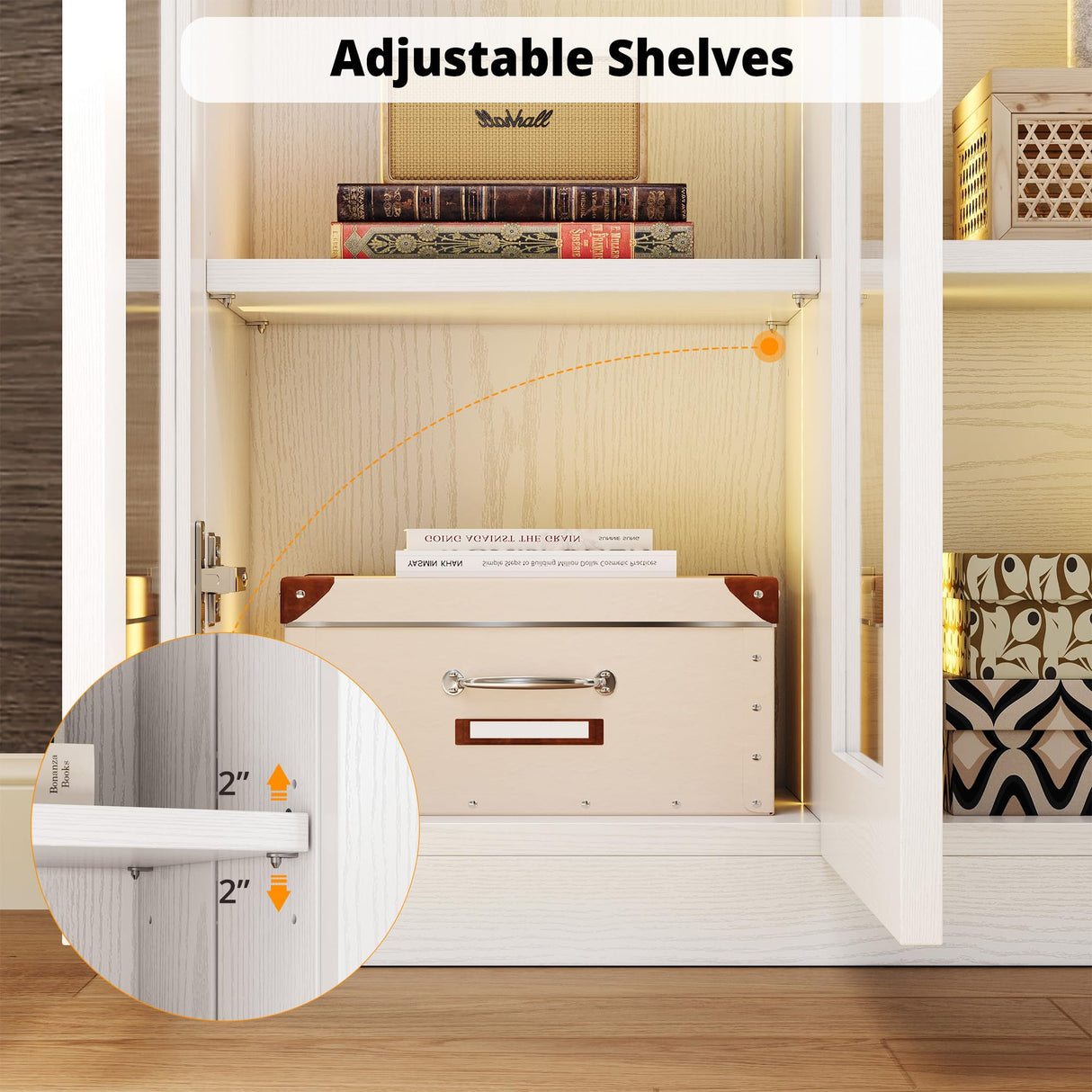 IRONCK Corner Bookshelf with LED Lights, 78.7" Tall Corner Bookshelves with 2 Drawers & Transparent Doors, 7 Tiers L-Shaped Bookcase with Open Shelves and Pegboards for Living Room, Home Office, White IRONCK