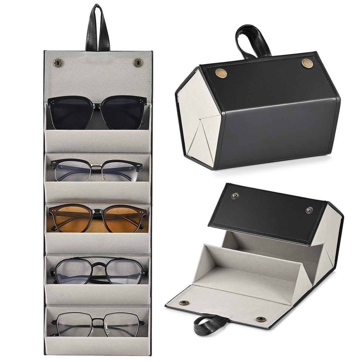 CO-Z Travel Sunglasses Organizer, Foldable Travel Sunglass Case with 5 Slots for Multiple Pairs, Portable Eyeglasses Holder Glasses Storage Box for Women Men Home Display Travel, Black & Gray CO-Z