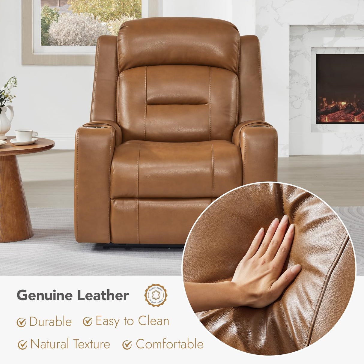 Watson & Whitely Genuine Leather Power Recliner Chairs for Adults, Lay Flat Recliner with Power Headrest, USB Ports and Cup Holders, Electric Reclining Chair for Living Room, Bedroom, Saddle Brown Watson & Whitely