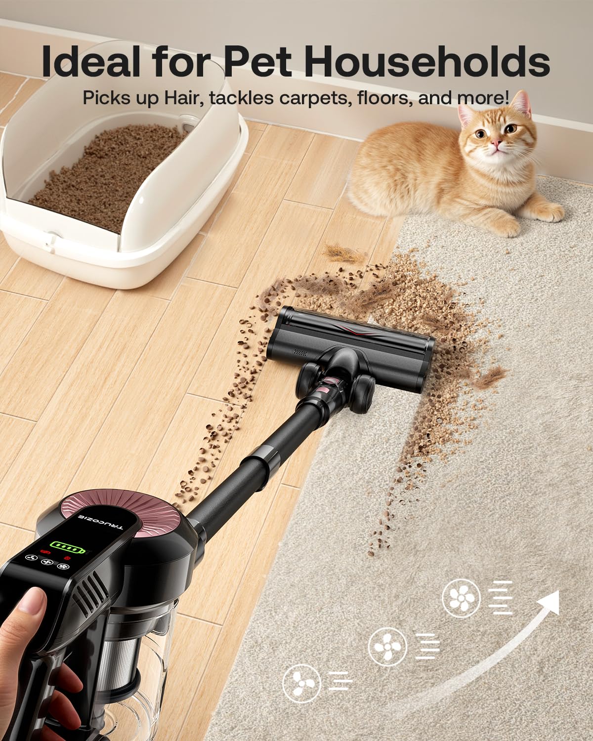 Cordless Vacuum Cleaner, 40Kpa 45Mins Vacuum Cleaners for Home, 8-in-1 Lightweight Stick Vacuum with Powerful Suction, Anti-tangle Wireless Vacuum for Carpet, Tile, Pet Hair, Hardwood Floors, Black Trucozie