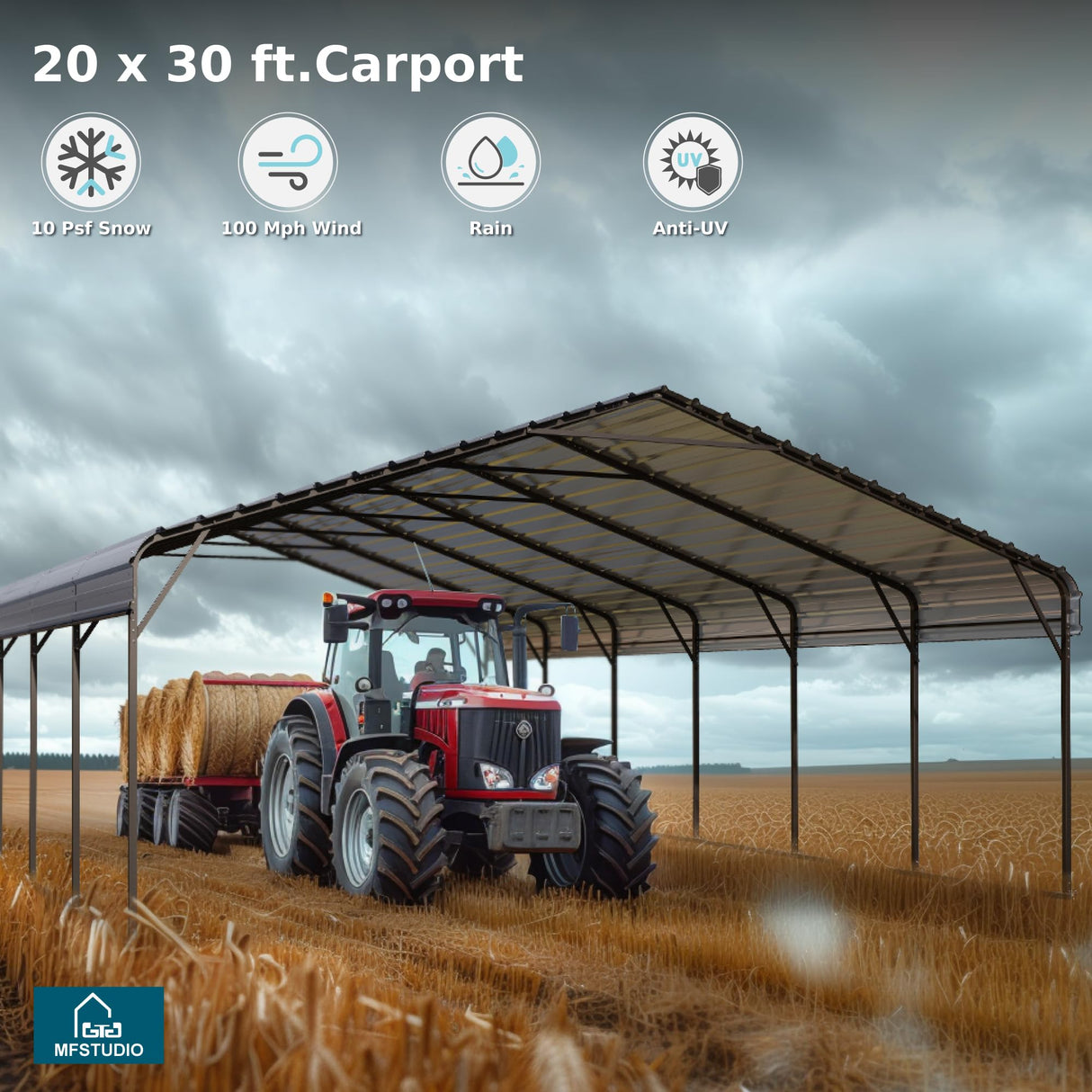 MFSTUDIO Carports 20x30 ft, Heavy Duty CarPort with Side Walls, Metal Outdoor Car Port Canopy Shelters Garage Shelter Shade with Galvanized Roof for Car, Truck and Boats MFSTUDIO