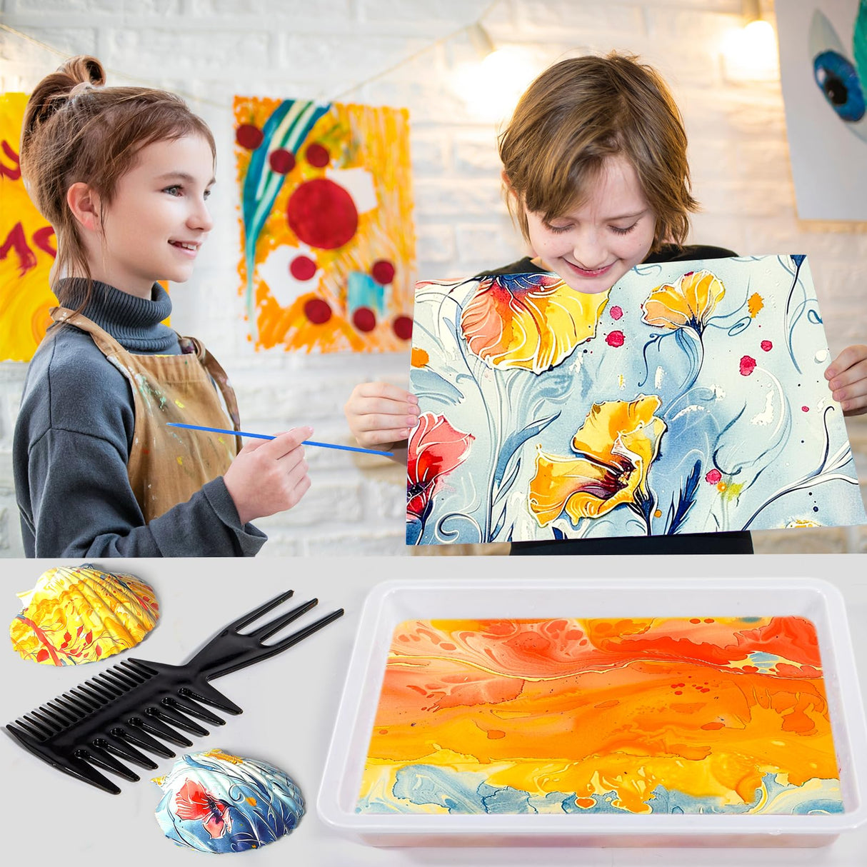 Ci Vetch Water Marbling Paint Kit for Kids, Arts & Crafts, Non-Toxic, Age 3-12, Includes 6 Colors, 10 Sheets, Tools, 12 Shells, 2 Display Boxes Ci Vetch