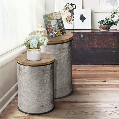 oneinmil Rustic End Table with Storage Bins Farmhouse Furniture Galvanized Metal Stool Ottoman Seat with Round Wood Lid Set of 2 - WoodArtSupply