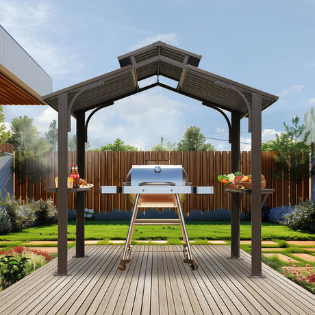 Domi Hardtop Grill Gazebo 8x5FT, Grill Canopy for Outdoor Grill w/Double Galvanized Steel Roof, 2 Side Shelves and Ceiling Hooks, BBQ Gazebo Grill Tent for Patio Garden Backyard, Brown domi outdoor living