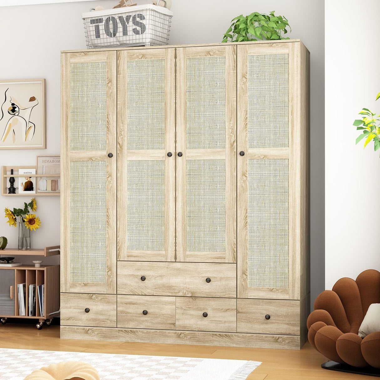 MOUMON 4 Rattan Door Wardrobe with Shelves and Drawers, Armoire Wardrobe with 2 Clothing Rods, Armoires and Wardrobes for Bedroom Oak (59”W x 19”D x 70.9”H) MOUMON