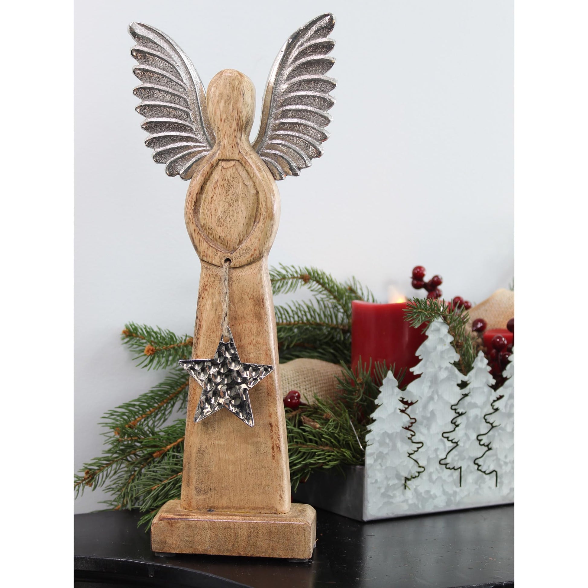 AuldHome Wooden Angel Christmas Statue; Farmhouse Holiday Decor Wood and Metal Figurine - WoodArtSupply