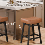 LONXIU Counter Height Bar Stools Set of 3, 24 Inch Backless BarStools for Kitchen Island Leather Saddle Bar Chairs Kitchen Stools with 4" Thick Seats & Heavy Duty Metal Base, Brown LONXIU