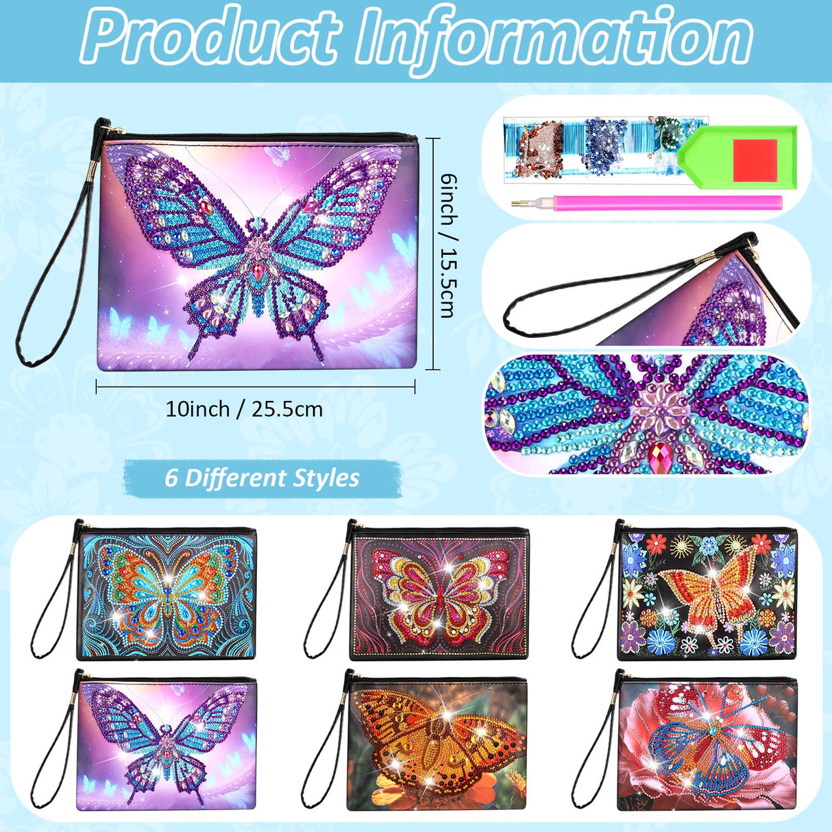 Silkfly 6 Pcs Diamond Painting Purses Clutch DIY Diamond Handbag PU Leather Painting Bags 5d Handmade Wristlet Wallet with Strap and Zipper for Women Gift(Butterfly Style) Silkfly