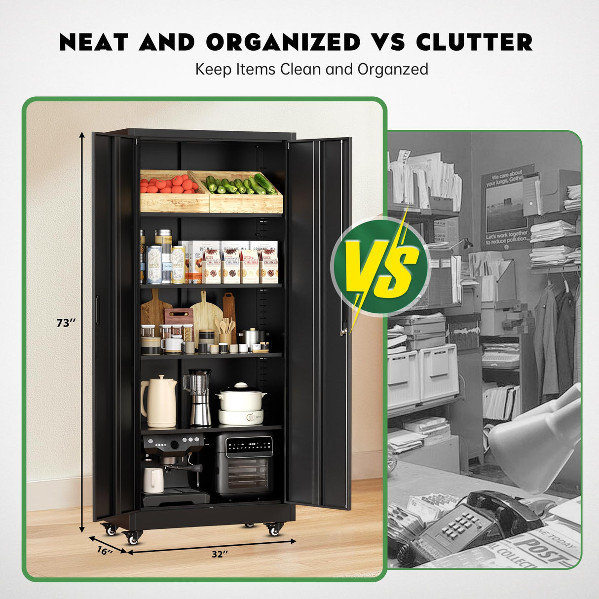 Greenvelly Metal Garage Storage Cabinet with Wheels, 73" Black Lockable Rolling Storage Cabinet with Doors and 4 Adjustable Shelves, Large Lockable Steel Cabinets for Garage, Office, Home, School Greenvelly