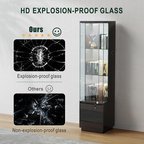 Lvifur Lockable Curio Display Cabinet with Glass Door,65" Lighted Curio Cabinet with 3 Color Lights for Collectibles,3-Tier Glass Display Case with Human Body Sensor for Living Room,Black Lvifur