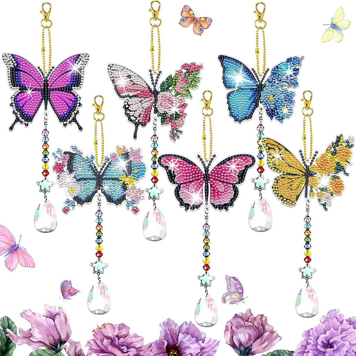 JeCuiK 6 Pcs Diamond Painting Butterfly Wind Chimes Kits 5D DIY Crystal Diamonds Painting Suncatcher Christmas Ornament Double Sided Diamond Art Keychains Pendant Best Gifts for Mom JeCuiK