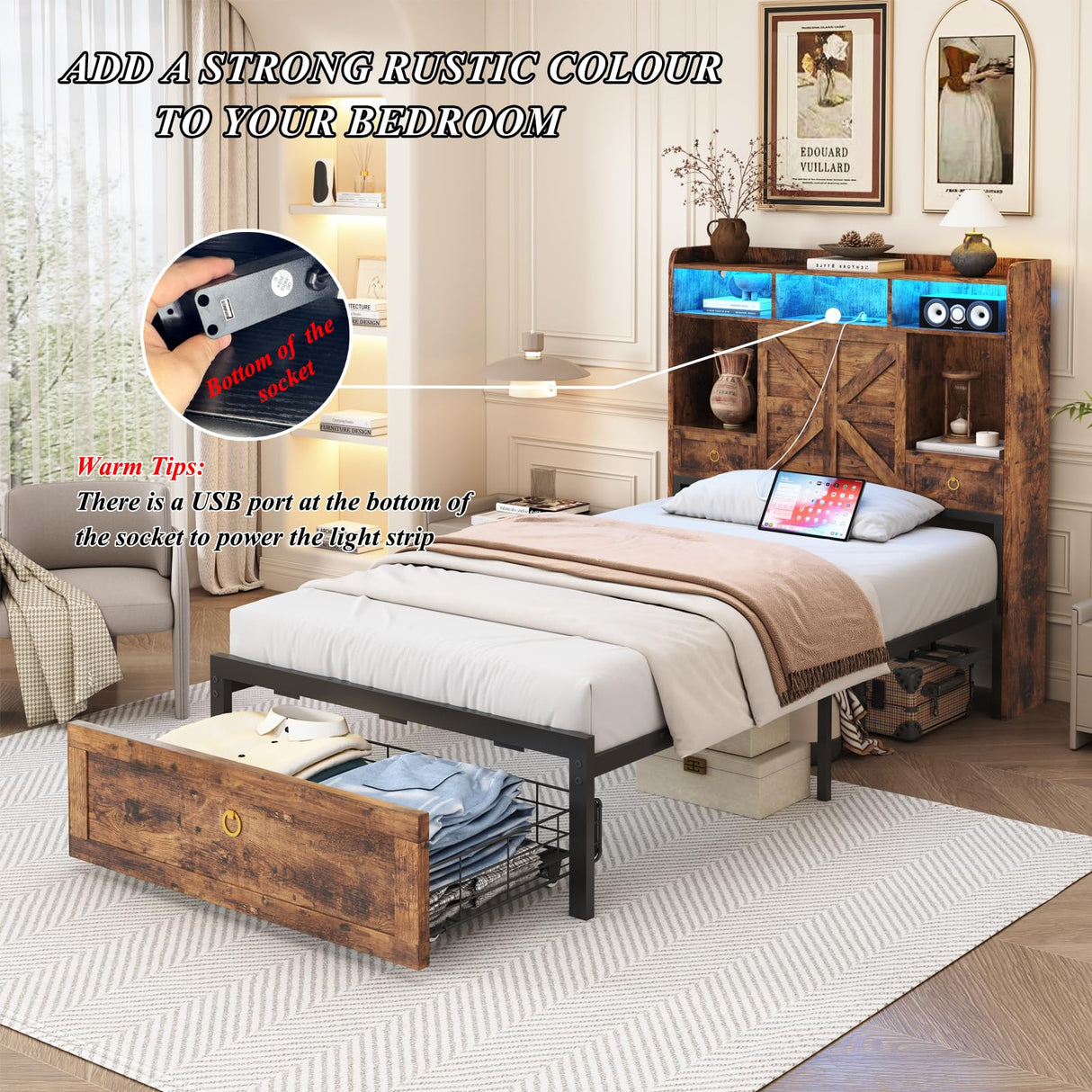 TIGUBFRE Twin Size Bed Frames with Storage Headboard and 3 Drawers, Farmhouse Platform Bed Frame with Charging Station & LED Lights, Metal Slats Support, Noise Free, No Box Spring Needed, Rustic Brown TIGUBFRE