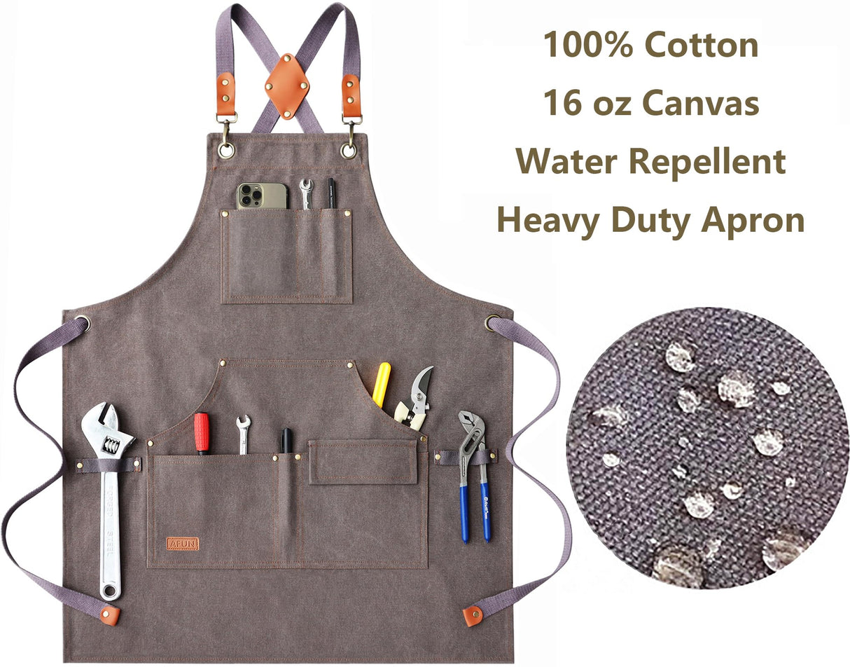 AFUN Work Aprons for Men with Large Pockets, Cotton Canvas Cross Back Heavy Duty Adjustable Tool Apron, Size M to XXL (Grey) AFUN