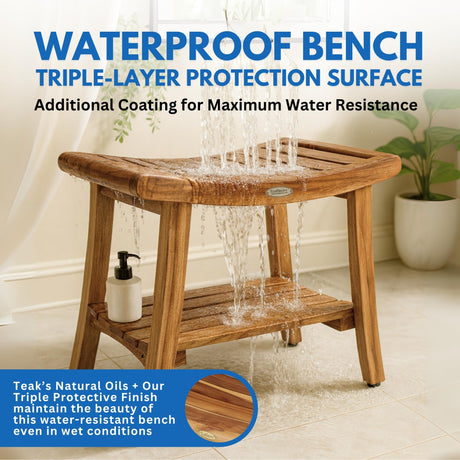 EcoDecors 24 Inch Harmony Natural Color Waterproof Teak Wood Shower Bench Stool Seat Chair For Inside Shower Storage Shelf Provides Safety, Storage, and Organization For Bathroom Accessories EcoDecors