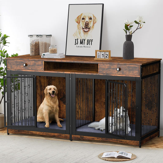 Lyromix 70.86'' Dog Crate Furniture Large Breed TV Stand with 2 Drawer & Double Rooms,Wooden Dog Kennel Dog Crate End Table with Cushion Removable Divider for Large Medium Dogs, Brown - WoodArtSupply