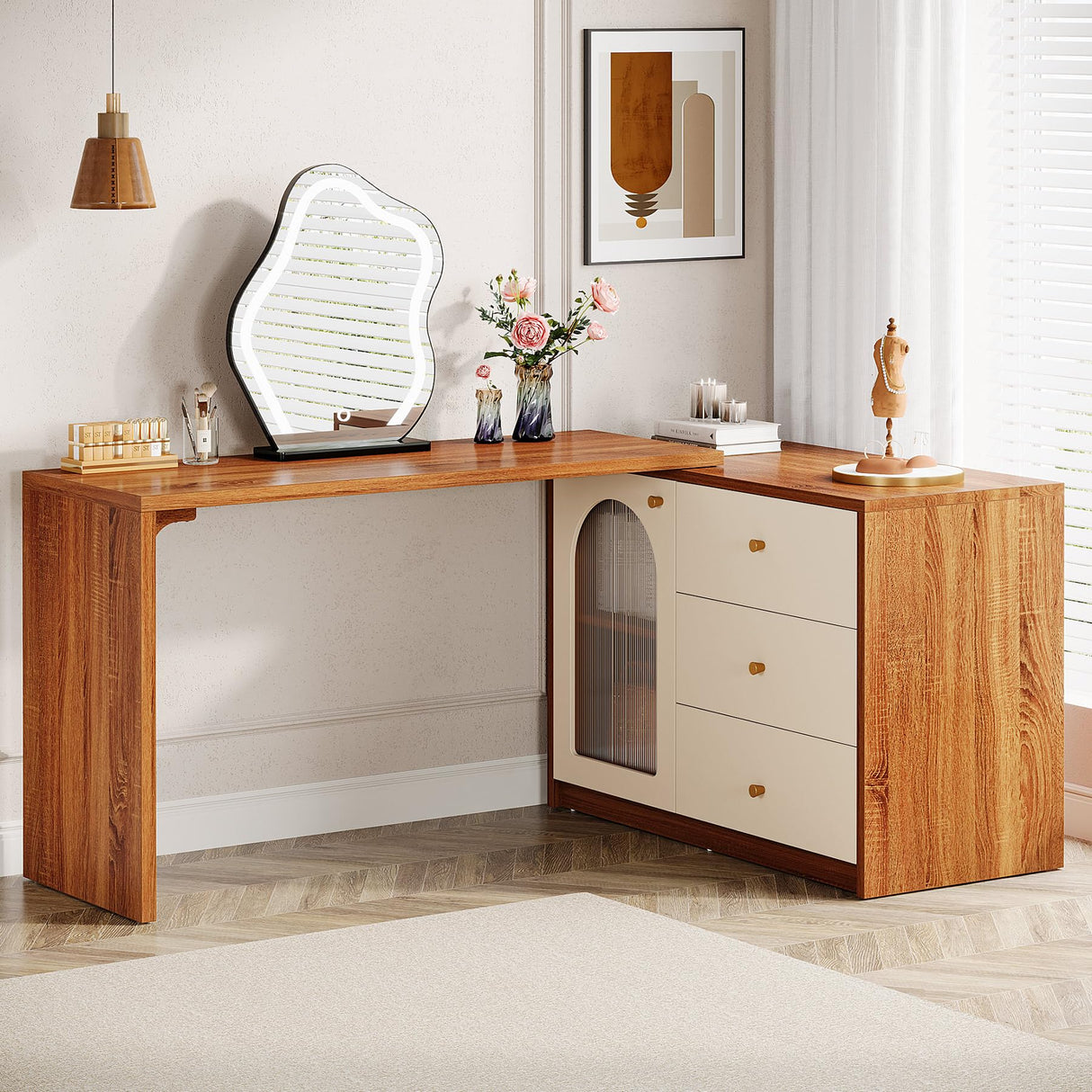 Tribesigns Modern Makeup Vanity, Retractable Large Vanity Desk with 3 Drawers and Cabinet, Makeup Corner Dressing Table for Bedroom, Walnut and White (Without Mirror) Tribesigns