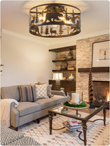 YEDAORL Farmhouse Caged Ceiling Fans with Lights and Remote Control,Rustic Black Chandelier Fan with Bear Deer Design,Flush Mount Low Profile Fandelier for Bedroom,Dining Living Room,Foyer YEDAORL