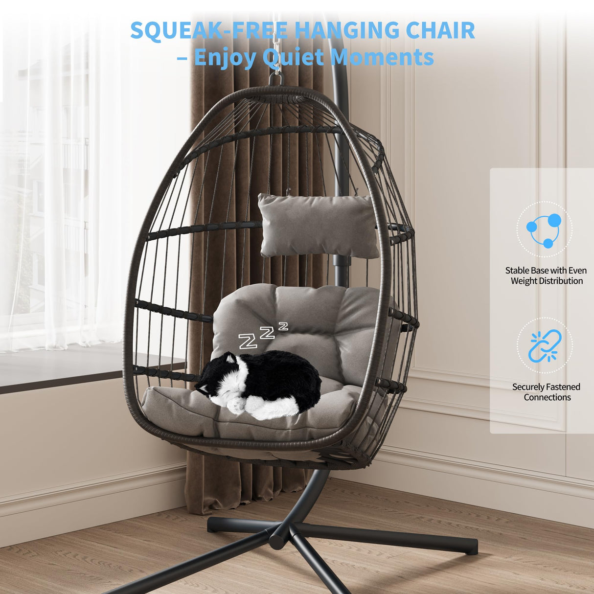 EcoTide Hanging Egg Chair with Stand, Indoor Outdoor Swing Egg Chair, Patio Wicker Rattan Hammock Egg Chairs with Cushion for Bedroom, Balcony, Garden,350LBS Capacity-Grey EcoTide