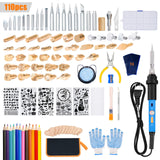 OUXi Wood Burning Kit, 110Pcs Pyrography Wood Burner Pen with Adjustable Temperature 200-480℃ Switch, Wood Burner Tool for Embossing, Carving, Engraving, Soldering Tips, Color Pencils, Carrying Case OUXi