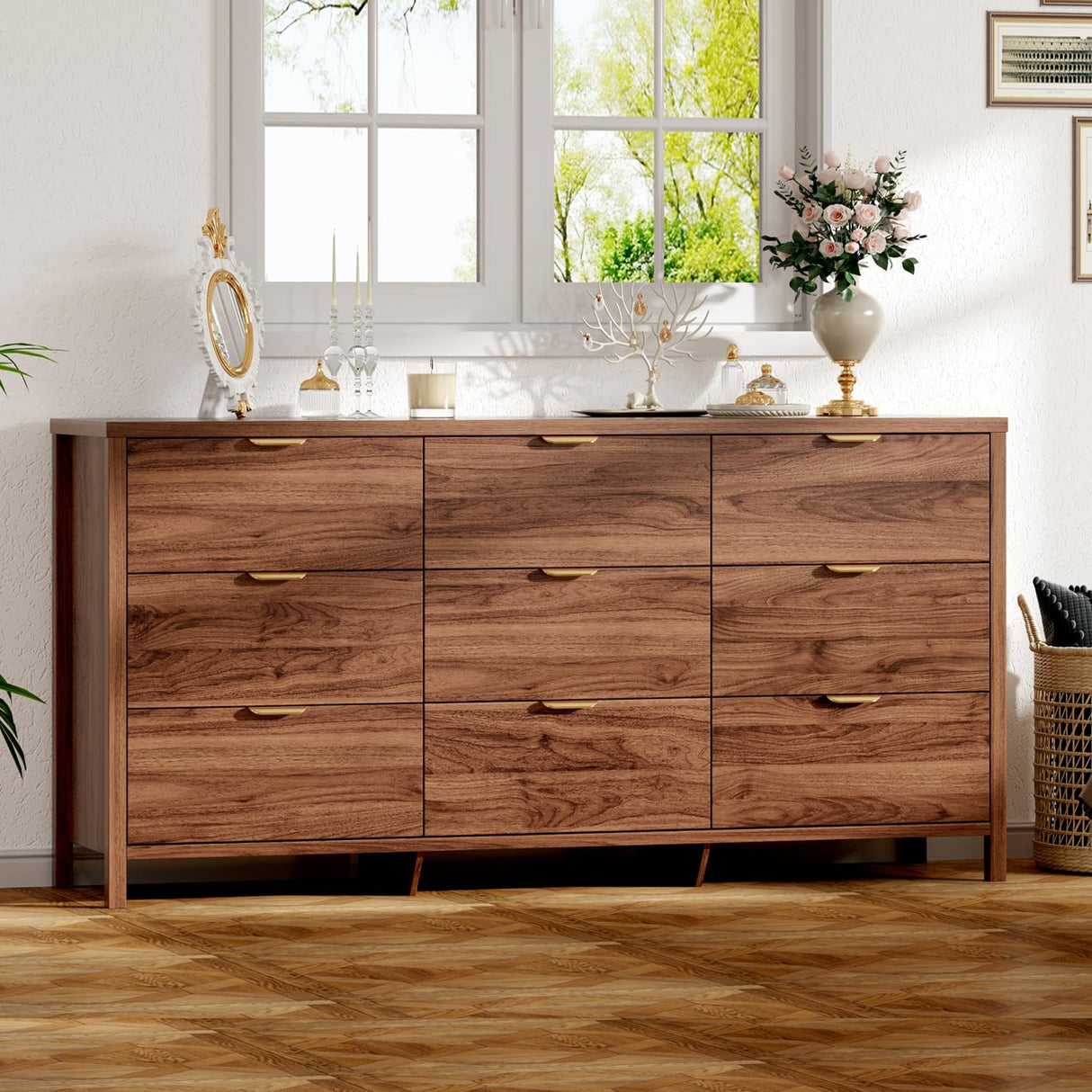 Ieejdn Fluted Dresser for Bedroom with 9 Drawers, 63" Modern Chest of Drawers, Dresser TV Stand, Wood Drawer Organizer for Living Room, Hallway, Chestnut