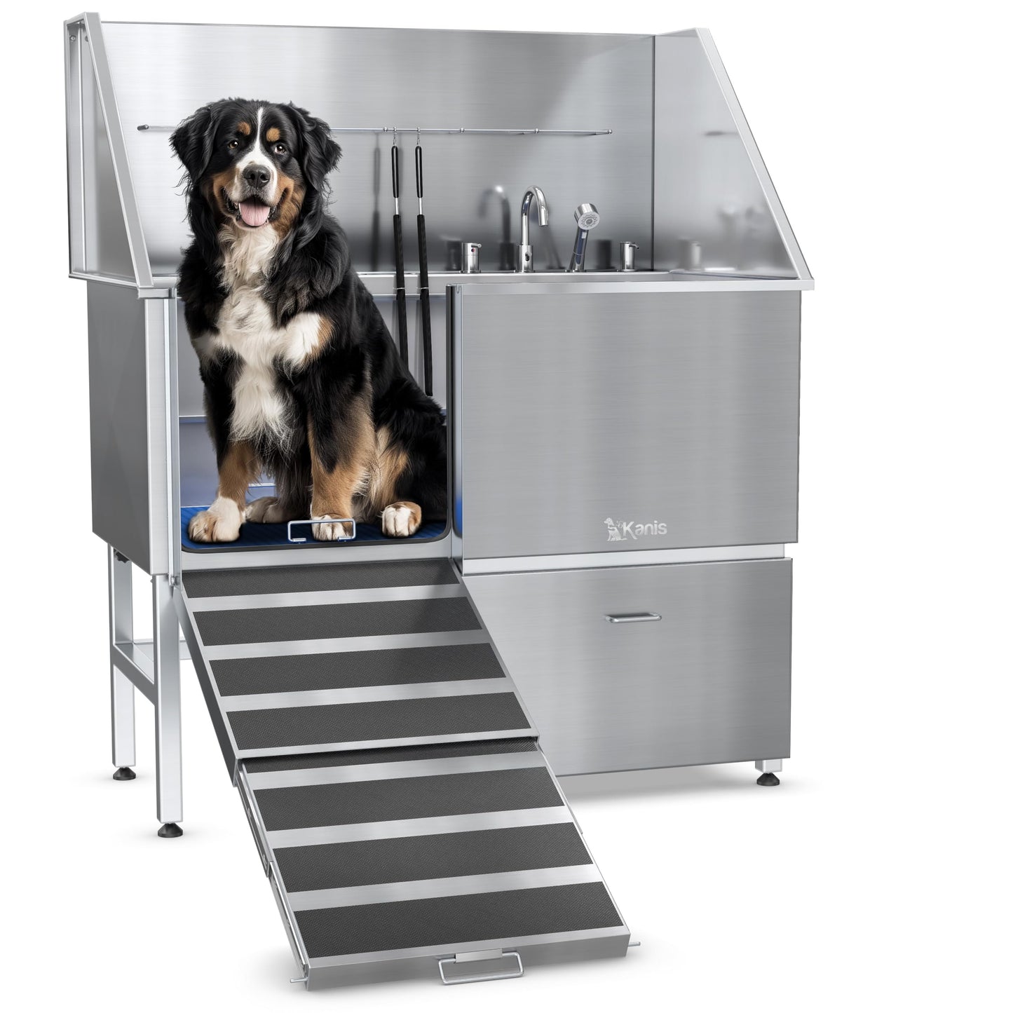 KANIS Professional Stainless Steel Dog Bathing Station - Dog Grooming Tub w/Ramp, Storage Drawer, Floor Grate & Faucet/Dog Bathtub for Large, Medium & Small Pets (50", Left RAMP - 1 Drawer)