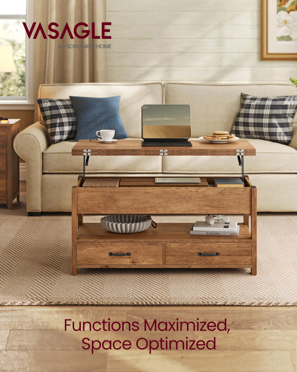 VASAGLE Coffee Table Lift Top, 3 in 1 Center Table with Storage, Gas Spring, 2 Drawers and 3 Hidden Compartments, Open Shelf, for Living Room, Home Office, Honey Brown ULCT254K01 VASAGLE