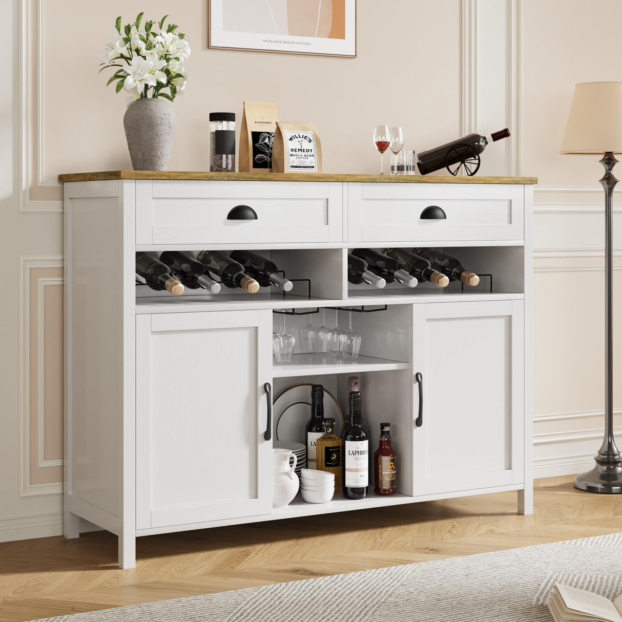Vividwood 47.2" Modern Farmhouse Wine Bar Cabinet with Wine & Glass Rack, 2 Drawers Buffet Sideboard Storage for Kitchen, Living Room, Dining Room - Coffee & Liquor Station Cabinet (White) Vividwood