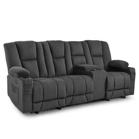 MCombo Zero Gravity Power Reclining Sofa with Console, Heat and Vibration Massage, 3 Seater Reclining Couch with USB Ports, Cup Holders for Living Room, Fabric 6035SET (Grey) MCombo
