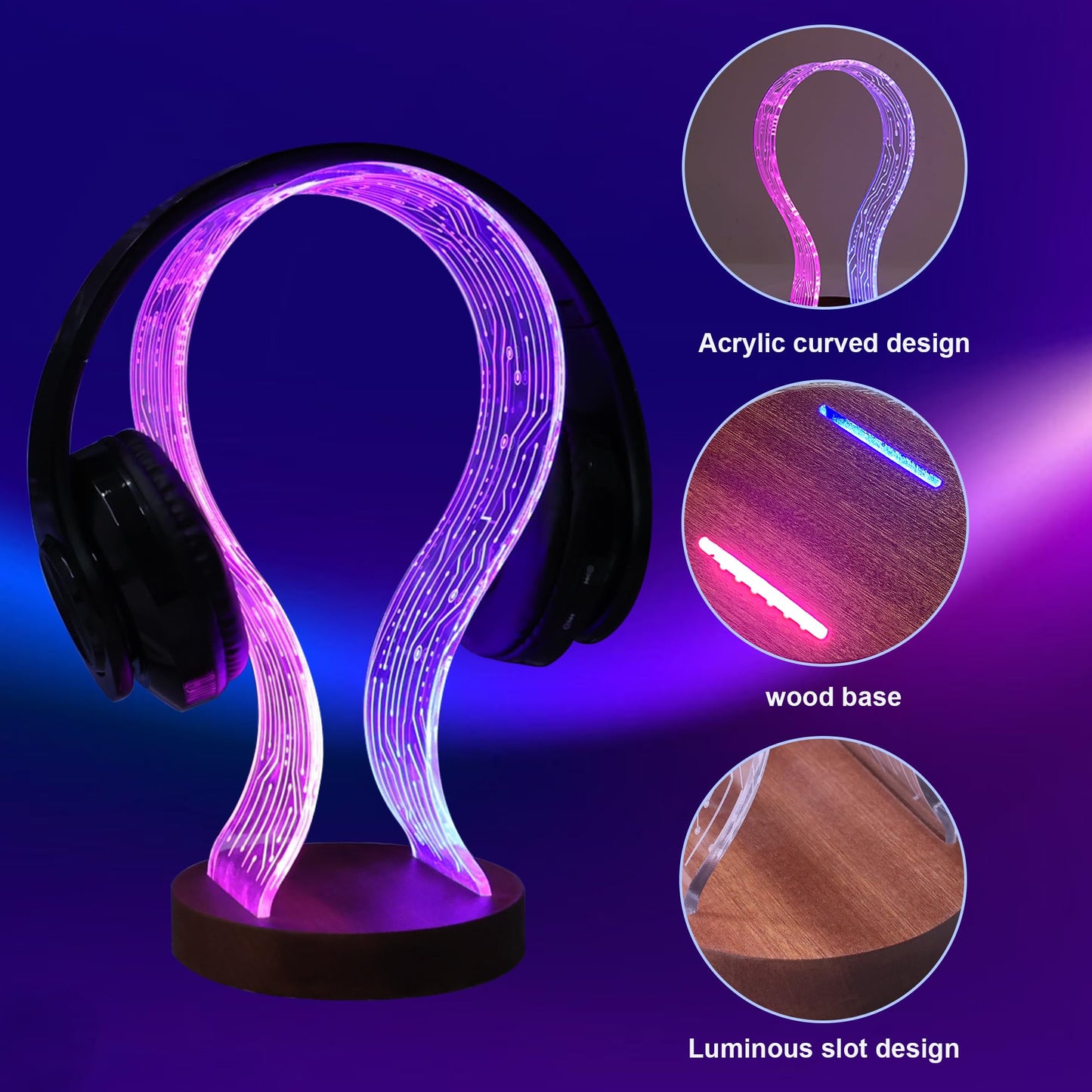 YuanDian Headphone Stand, Wood Headset Holder with Blue Pink LED Night Light for Gamers, Men, and Music Lovers - Ideal Desk Gift Idea