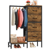 HIGDBFE Dresser with Hanging Rack, 4 Drawers Small Closet for Bedroom, Reversible Fabric Kids Chest of Drawers with Clothes Rack, Tall Storage Tower, Sturdy Frame, Rustic Brown, 44''H HIGDBFE