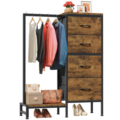 HIGDBFE Dresser with Hanging Rack, 4 Drawers Small Closet for Bedroom, Reversible Fabric Kids Chest of Drawers with Clothes Rack, Tall Storage Tower, Sturdy Frame, Rustic Brown, 44''H