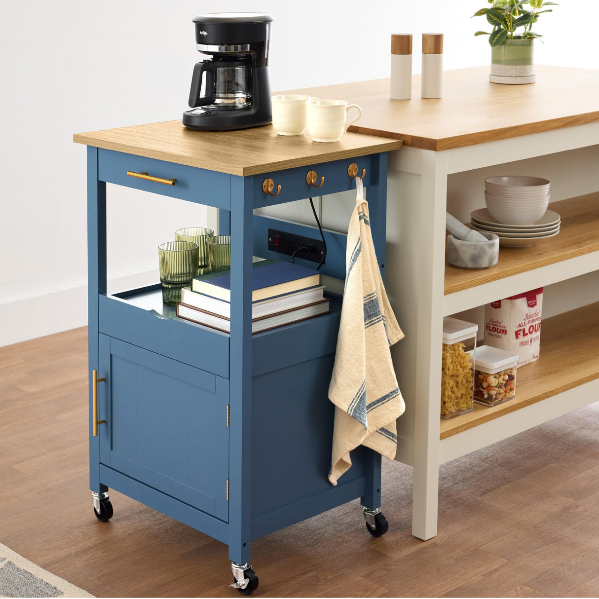Best Choice Products Rolling Kitchen Island Cart, Single Door Cabinet w/Drawer, Sliding Tray, Hidden Outlet, Hooks, & Lockable Wheels - Slate Blue Best Choice Products