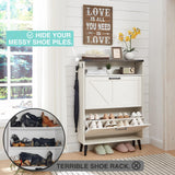 Barnyatoh Shoe Storage Cabinet,Farmhouse Shoe Organizer with 2 Flip Drawers & Barn Door Design,Freestanding Hidden Slim Narrow Shoe Rack Cabinet with Open Storage for Entryway, Foyer,Hallway,White Barnyatoh