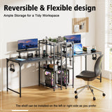 DOMICON Computer Desk with LED Light, 42-55 Inch Gaming Desk with Reversible Storage Shelves, Office Desk with Power Outlets Corner Desk for Home Office, Small Space Black Carbon Fiber (47) DOMICON