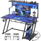 Gaming Computer Desk with Power Outlets, Gaming Desk with Hutch and LED Lights, Reversible PC Gaming Desk with Pegboard, Carbon Fiber Black, 47" armocity